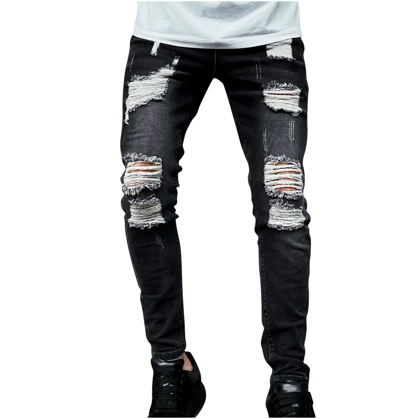 fartey Mens Casual Jeans Pant Zipper Button Pockets Denim Trousers with Broken Holes Straight Leg Lounge Slim Fit Skinny Pants Walmart