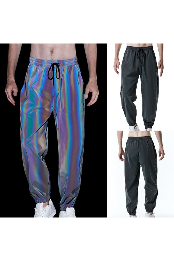 Mens Reflective Pants Casual Jogger Hip Hop Fluorescent Dance Party Sweatpants Festival Rave Night Sport Trousers