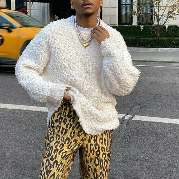 fartey Mens Sherpa Sweater Crew Neck Solid Fleece Top Long Sleeve Casual Fall and Winter Warm Pullover Sweater