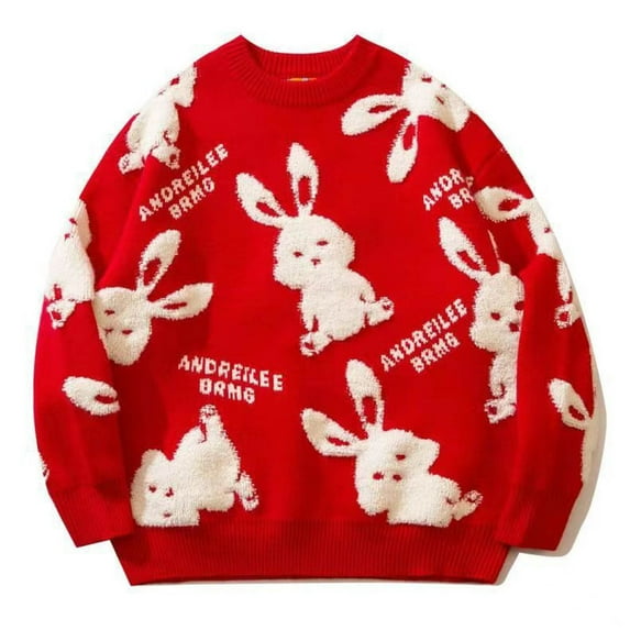 fartey Mens Sweater Knit Crew Neck Bunny Graphic Top Long Sleeve Cute Warm Pullover Sweater