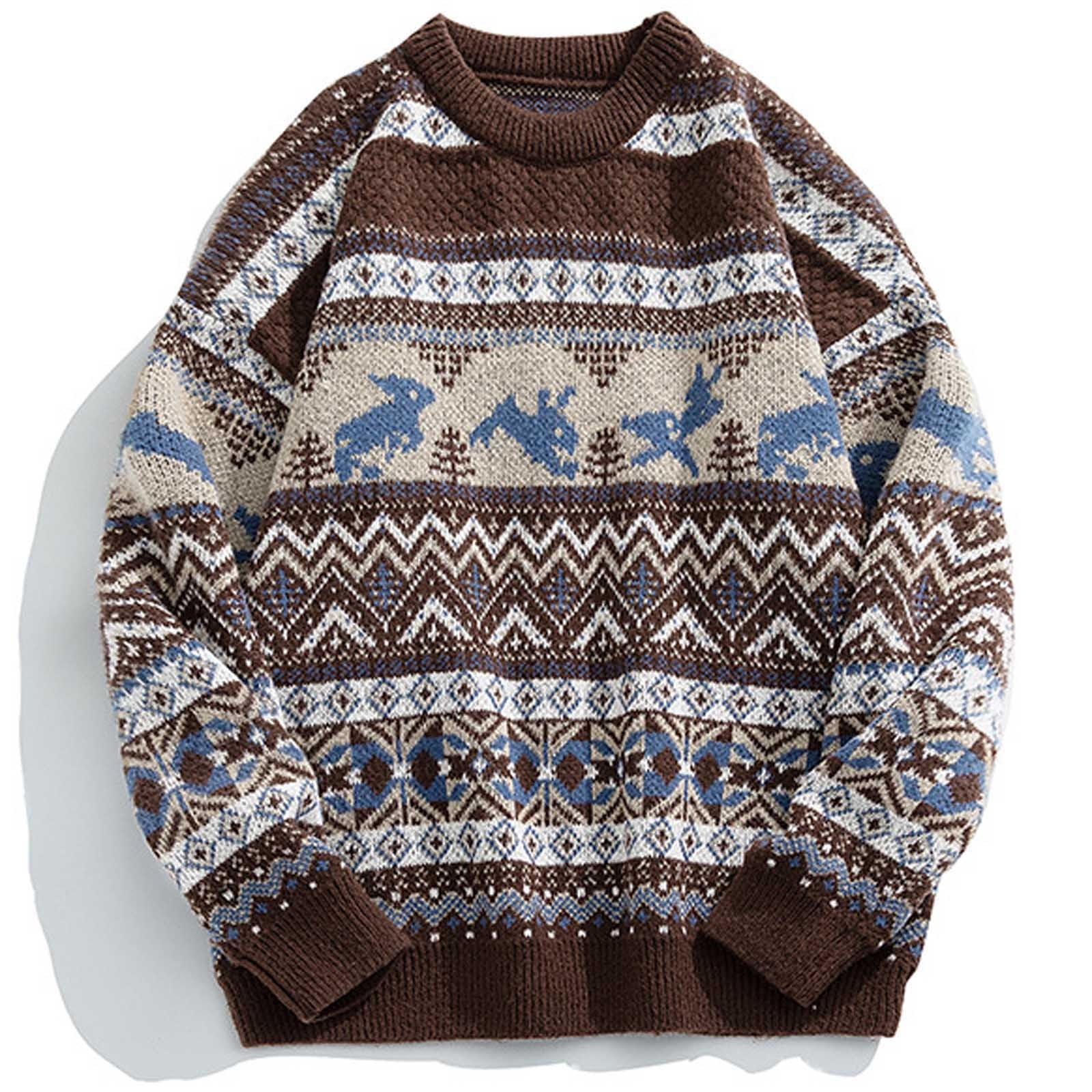fartey Mens Sweater Knit Crew Neck Retro Graphic Top Long