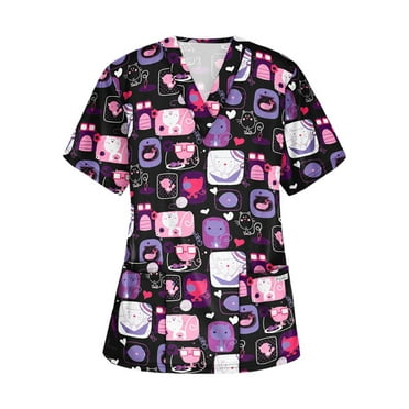 fartey Nurse Scrubs for Women Tunic Fit Cat Print V Neck Uniform Tops Casual Summer Short Sleeve Pockets Working Blouses