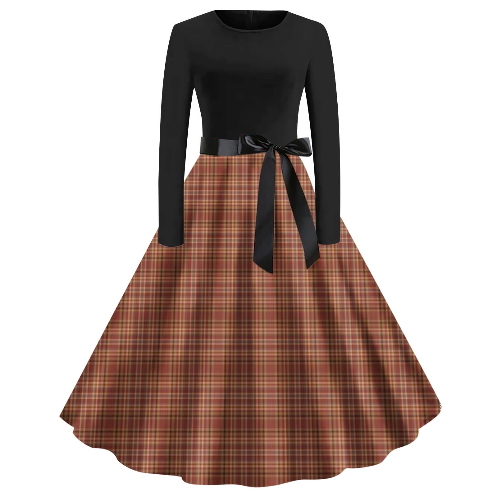 Elegant Plaid Long Sleeve A-Line Dress