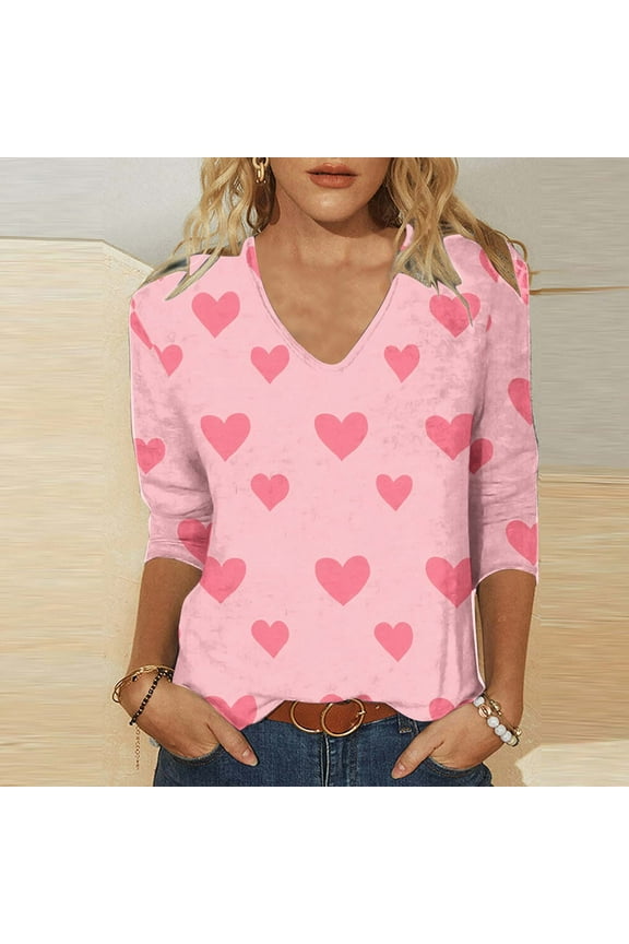 Plus Size 3/4 Sleeve Blouses for Women 2025 Valentine's Day Tops Romantic Heart Printing T Shirts Lounge Fun V Neck Fashion Blouse Tees for Girls, S-5XL