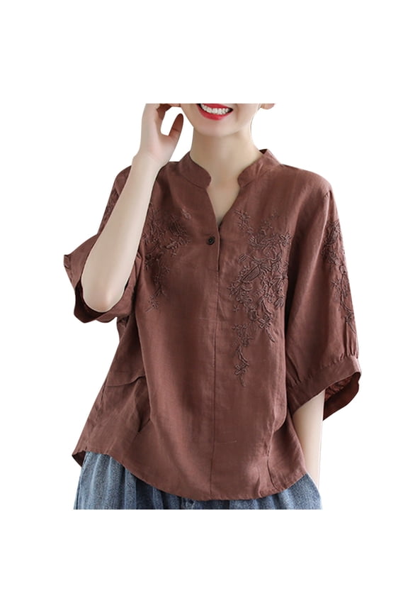 Plus Size Cotton Linen Blouses for Women Half Sleeves Vintage T Shirts Lounge Floral Embroidery Shirt Loose Fit Split V Neck Holiday Blouse Tops, M-4XL