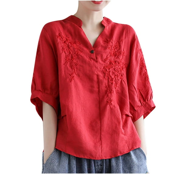 fartey Plus Size Cotton Linen Blouses for Women Half Sleeves Vintage T Shirts Lounge Floral Embroidery Shirt Loose Fit Split V Neck Holiday Blouse Tops, M-4XL