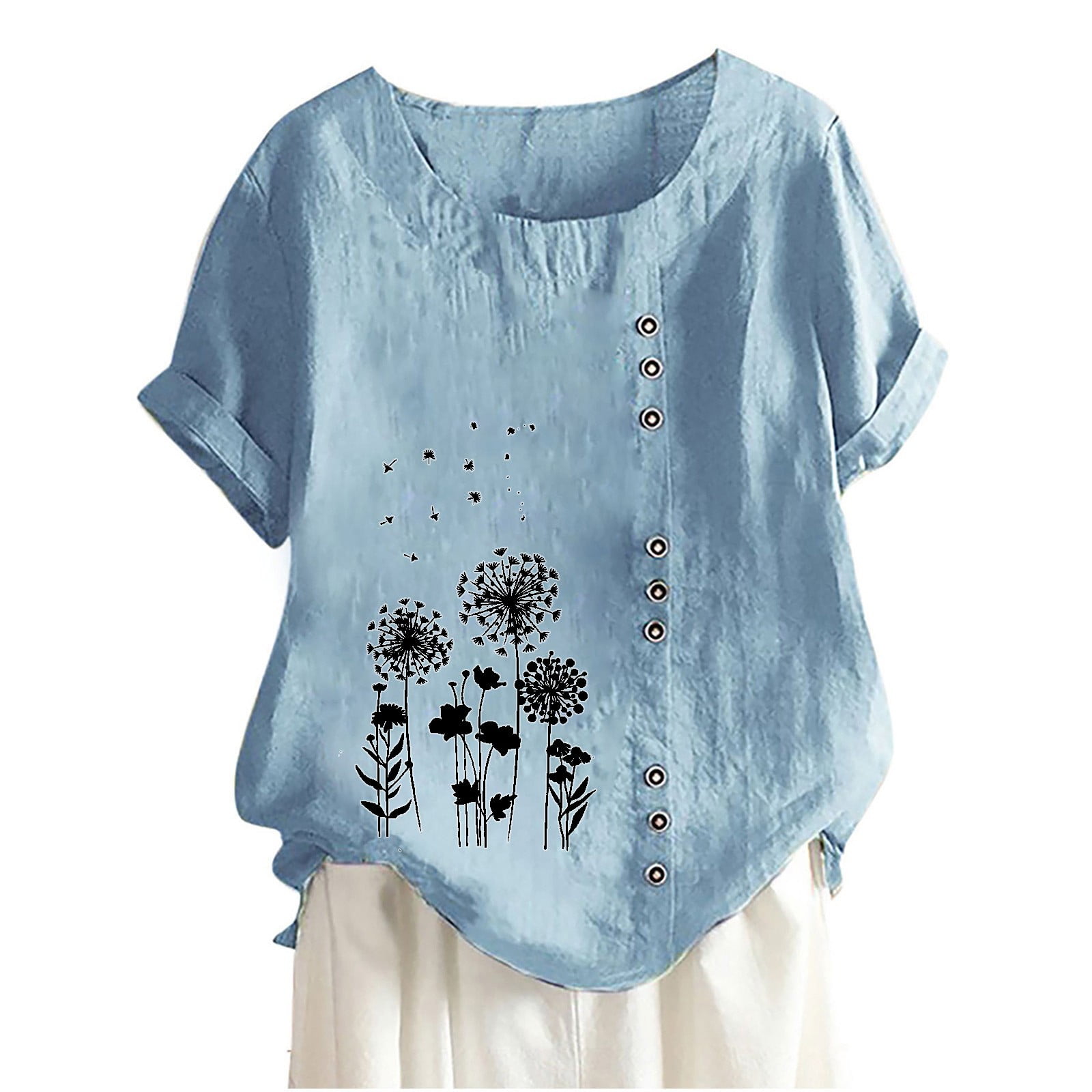 fartey Plus Size Cotton Linen Tunic Tops for Women Dandelion Printing