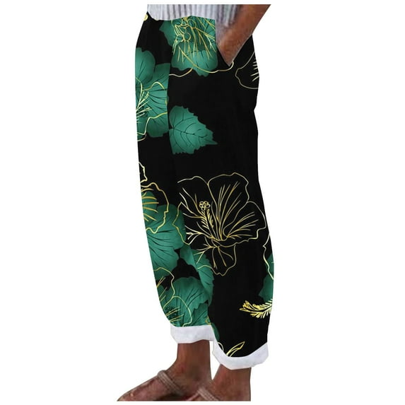 fartey 2025 Beach Pants for Women Summer Floral Print Casual Vacation Beach Trousers with Pockets Elastic Waist Relaxed Pants, S-4XL