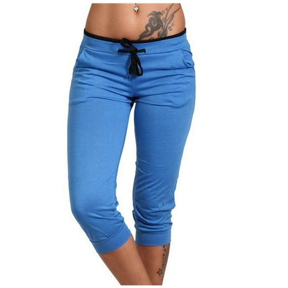 fartey 2025 Women Summer Lounge Capri Pants with Drawstring Elastic Waist Pockets Trousers Casual Solid Color Slim Comfy Sports Pants