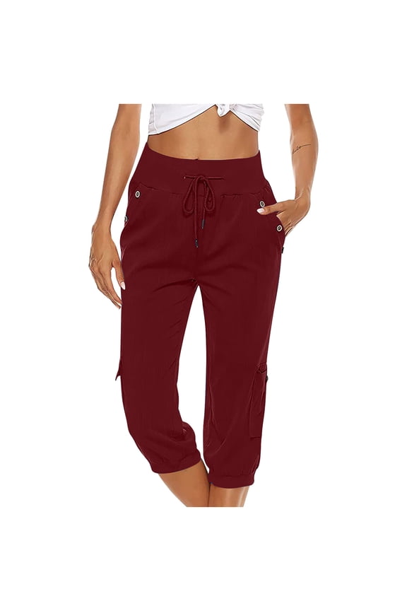 2025 Women Cotton Linen Capri Pants Pockets Drawstring Elastic Waist Roomy Pants Solid Color Casual Breathable Beach Pants, S-5XL