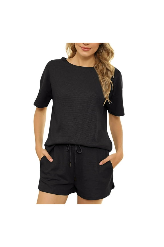 Short Sets for Women 2 Piece Crewneck Short Sleeve Tshirt Elastic Waist Pockets Drawstring Shorts Solid Color Loose Fit Sets