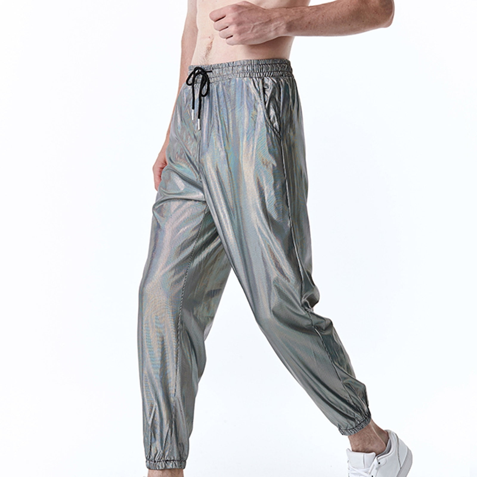 fartey Reflective Pants Men Hip Hop Trousers Casual Gold Print Metallic  Jogger Sweatpants Drawstring Sequin Shiny Pant
