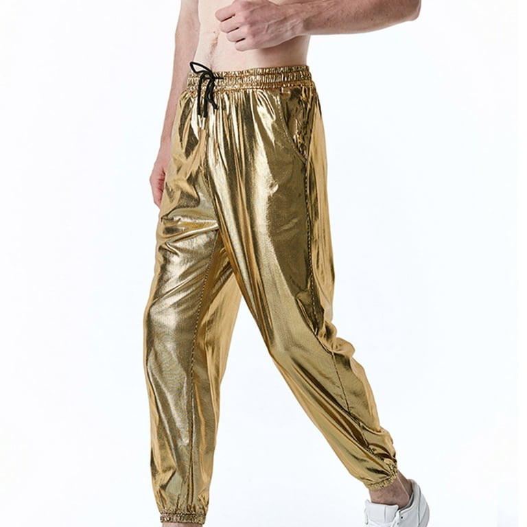 fartey Reflective Pants Men Hip Hop Trousers Casual Gold Print Metallic  Jogger Sweatpants Drawstring Sequin Shiny Pant 