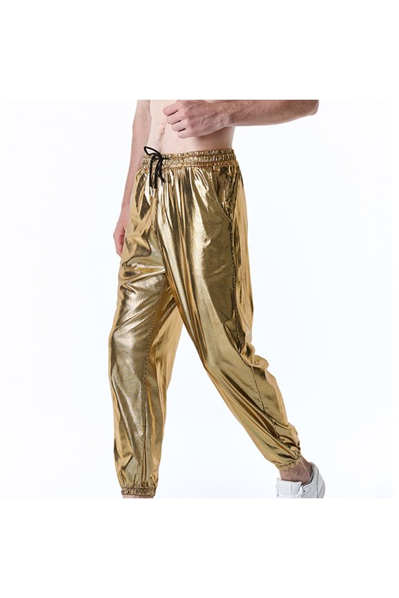 Reflective Pants Men Hip Hop Trousers Casual Gold Print Metallic Jogger Sweatpants Drawstring Sequin Shiny Pant