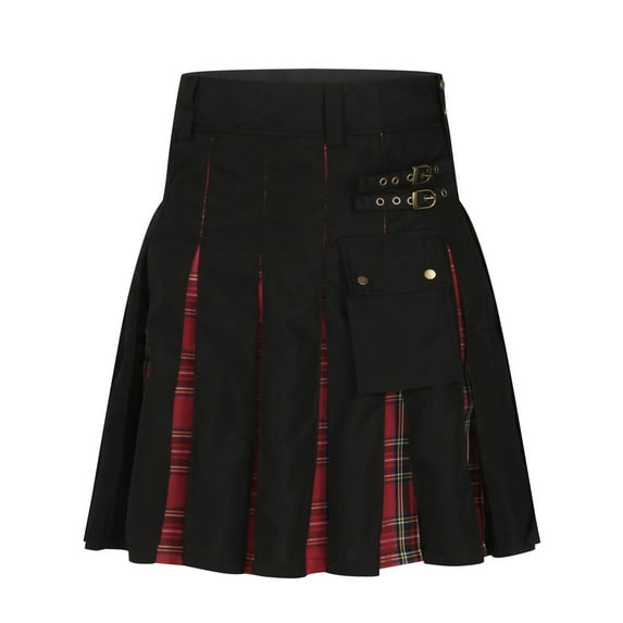 fartey Scottish Utility Kilts for Men Plaid Solid Color Patchwork Print Skirts with Pockets Tie Summer Pleated Skirts, S-5XL