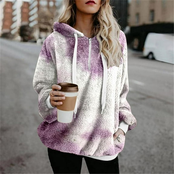 fartey Sherpa Sweatshirt for Women Print Fleece Quarter Zip Pullover Hoodies Long Sleeve Fuzzy Tie Dye Hooded Sweatshirt with Pockets