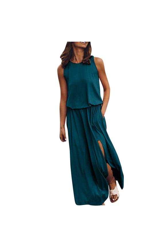 Summer Tank Dresses for Women Solid Color Sleeveless Crewneck Maxi Dress with Pockets Tunic Pleated Side Split Hem Sundress