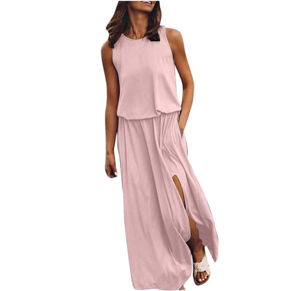 fartey Summer Tank Dresses for Women Solid Color Sleeveless Crewneck Maxi Dress with Pockets Tunic Pleated Side Split Hem Sundress