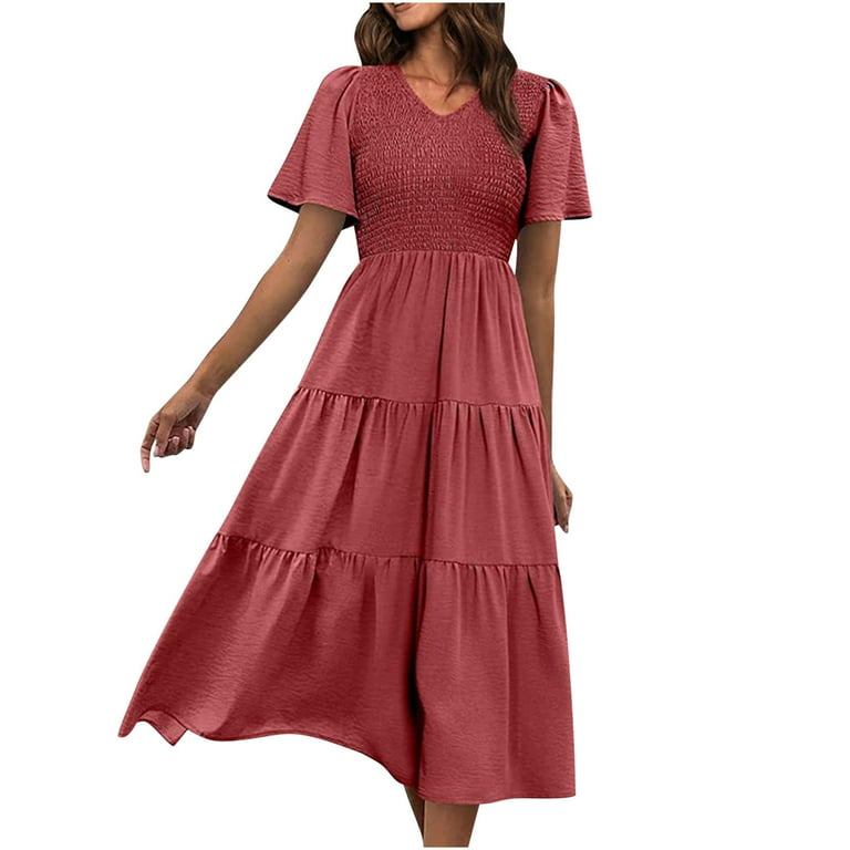 Yellow V Neck Button Layered Hem Smock Dress Yellow V Neck Button Layered Hem Smock Dress