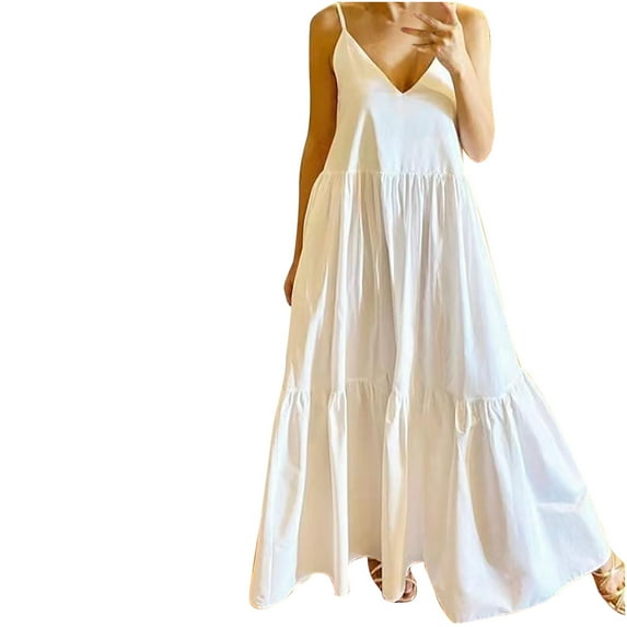 fartey Sundresses for Women 2025 Spaghetti Strap Solid Color Loose Fit Mini Dress Ruffle Layered Hem Sleeveless V Neck Dresses