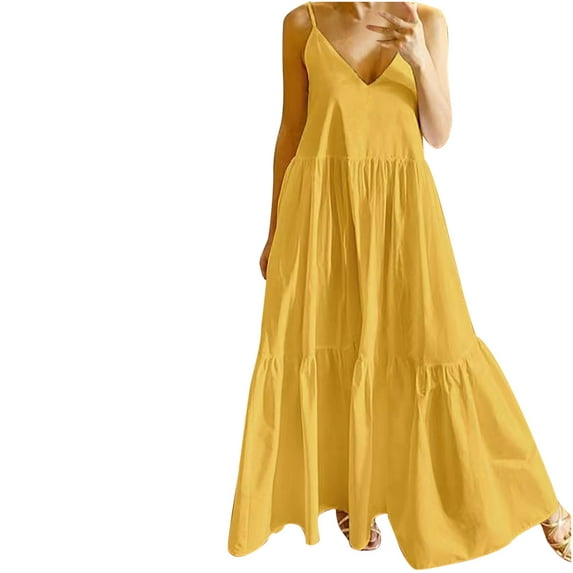 fartey Sundresses for Women 2025 Spaghetti Strap Solid Color Loose Fit Mini Dress Ruffle Layered Hem Sleeveless V Neck Dresses