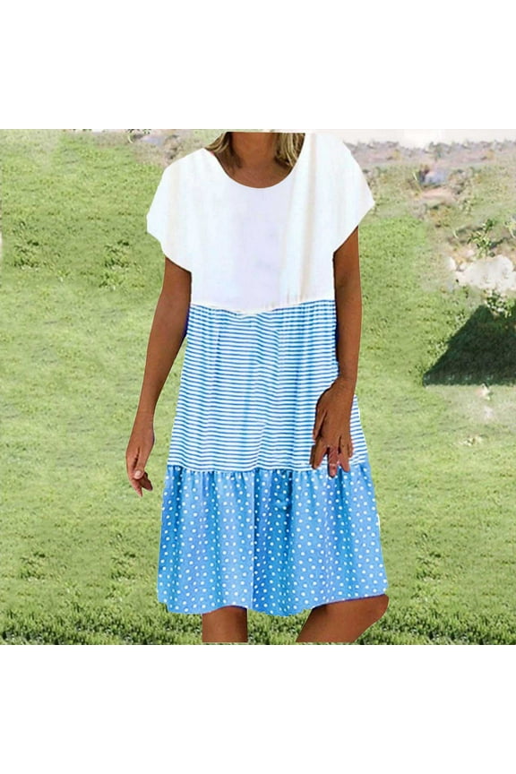 Sundresses for Women 2025 Trendy Stripe Dot Print Loose Fit Mini Dress Lounge Crew Neck Short Sleeve Dresses, S-5X