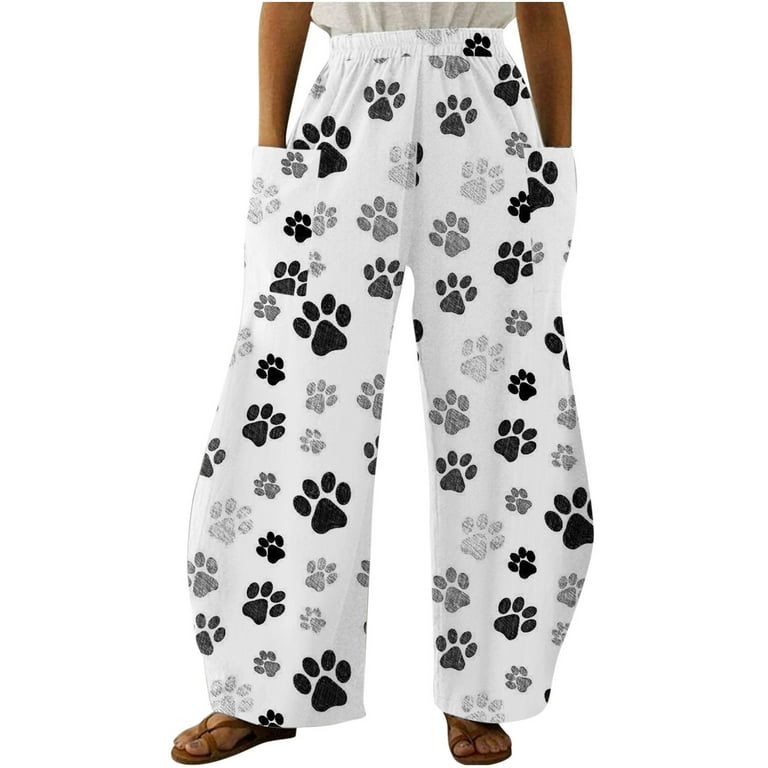 fartey Wide Leg Pants for Women 2023 Loose Casual Dog Paw Print Long Trousers with Pockets Elastic Waist Straight Leg Pants