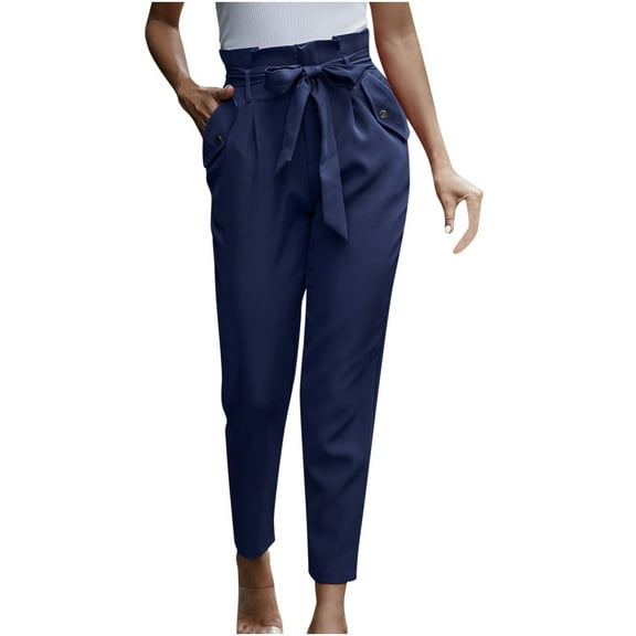 fartey Wide Leg Pants for Women 2025 High Paperbag Waist Solid Color Slim Trousers with Waist Tie Pockets Lounge Vacation Work Pants