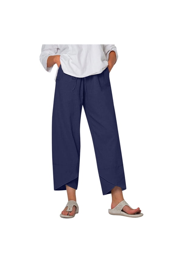Wide Leg Pants for Women Cotton Linen Tulip Hem Solid Color Yoga Sports Summer Pants Roomy Elastic Waist Pockets Drawstring Trousers