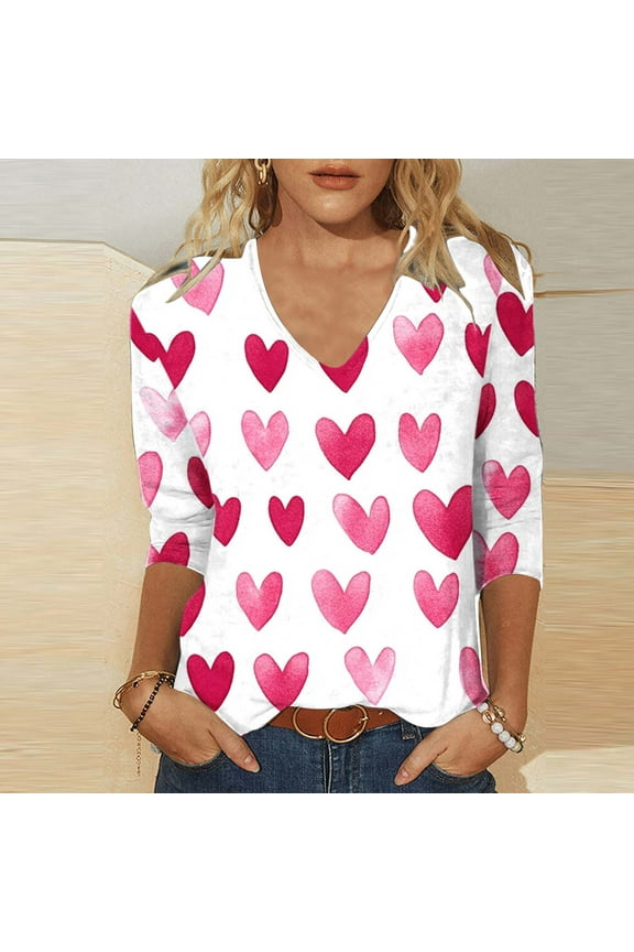 Women 3/4 Sleeves Pink Blouses Plus Size Valentine Day T Shirt Cute Love Heart Graphic Print Tops Funny Romantic V Neck Fashion Tee Shirts, S-5XL