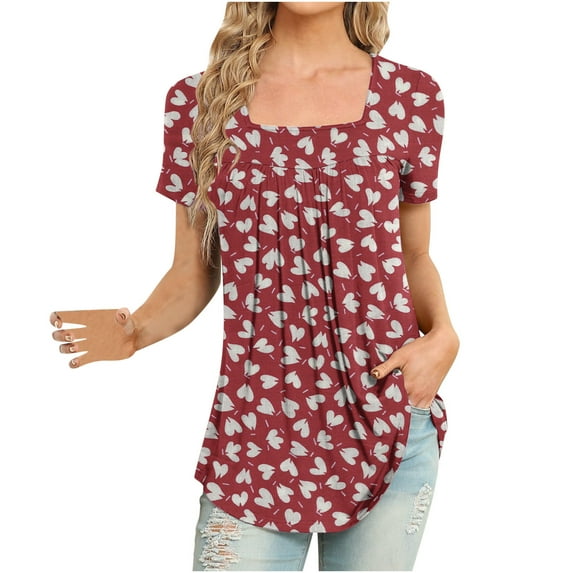 fartey Women Casual Summer Blouses Trendy Geometric Color Block Print Tshirt Tunic Square Neck Short Sleeve Pleated Flowy Hem Tops