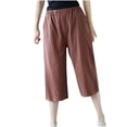 thumbnail image 1 of fartey Women Cotton Linen Capri Pants 2024 Summer Lounge Solid Color Pockets 3/4 Pants Slim Fit Elastic High Waist Below Knee Shorts, 1 of 8
