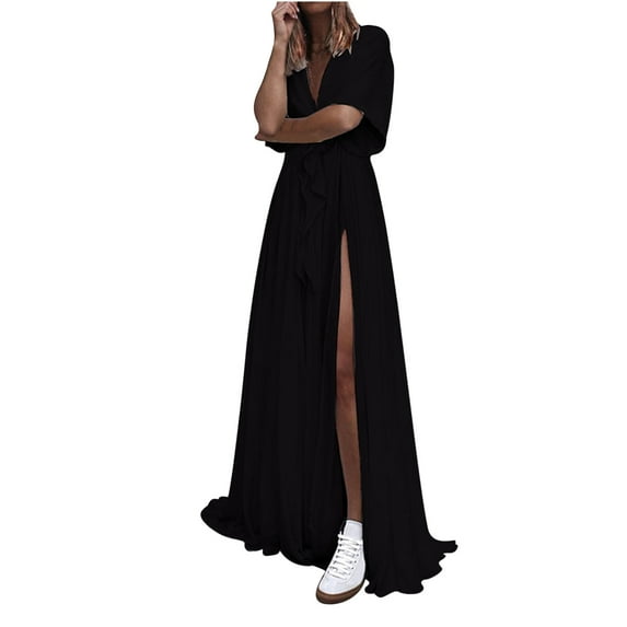 fartey Women Cotton Linen Dress Plus Size Baggy Solid Color Lapel Maxi Sundress Breathable 3/4 Sleeve Irregular Split Hem Dresses, S-5XL