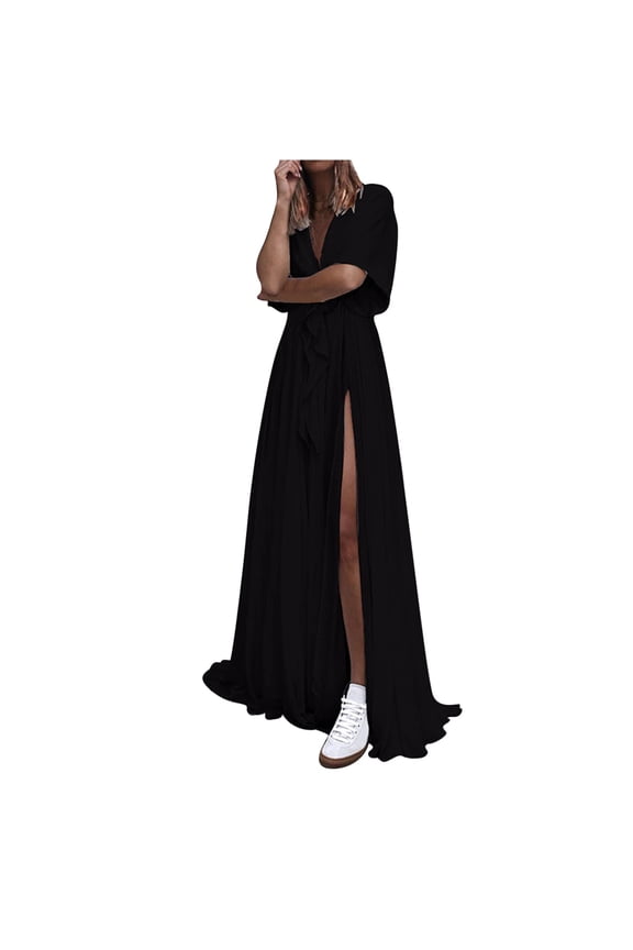 Women Cotton Linen Dress Plus Size Baggy Solid Color Lapel Maxi Sundress Breathable 3/4 Sleeve Irregular Split Hem Dresses, S-5XL