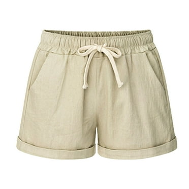 fartey Women Cotton Linen Short Summer Pockets Elastic Waist Drawstring Shorts Solid Color Roll up Hem Casual Breathable Short