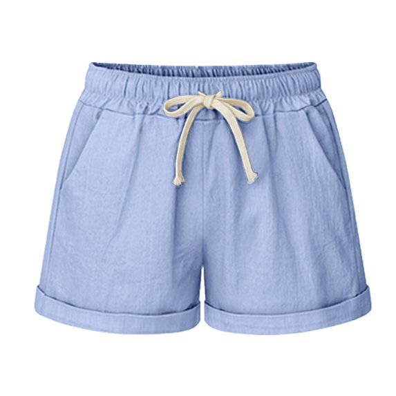 fartey Women Cotton Linen Short Summer Pockets Elastic Waist Drawstring Shorts Solid Color Roll up Hem Casual Breathable Short