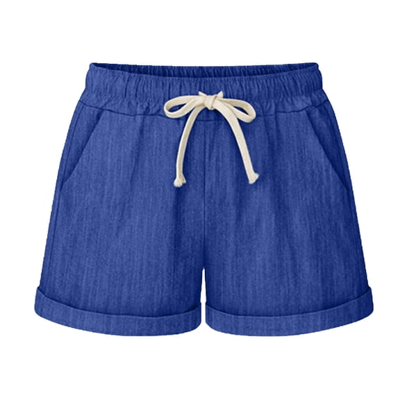 fartey Women Cotton Linen Short Summer Pockets Elastic Waist Drawstring Shorts Solid Color Roll up Hem Casual Breathable Short