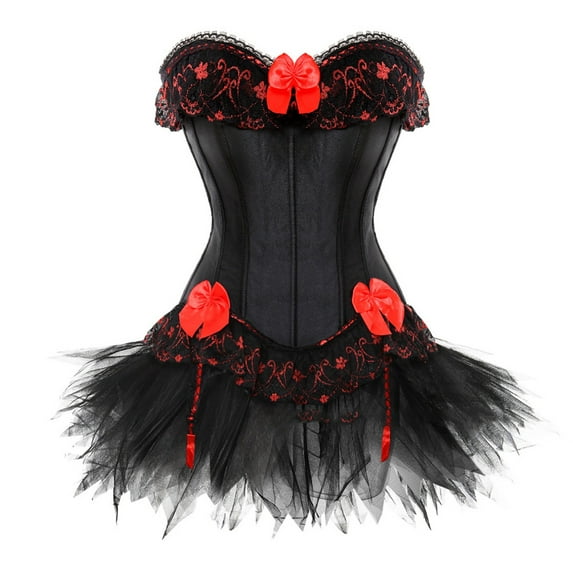 fartey Women Gothic Lace Corset Skirts Outfits Tummy Control Vintage Medieval Caop Top Lace Patchwork Bow Knot Hem Monster Party Court Skirts Set