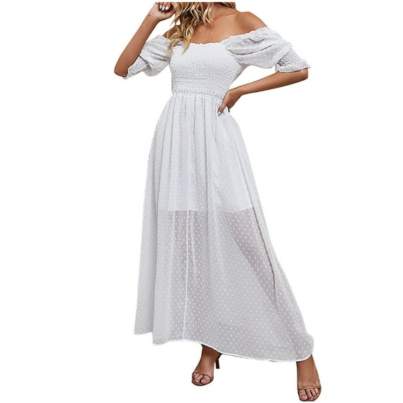 fartey Women Off the Shoulder Dresses Chiffon Swiss Dot Smocked Tiered Maxi Sundress Tunic Fit Solid Color Puff Short Sleeve Dress