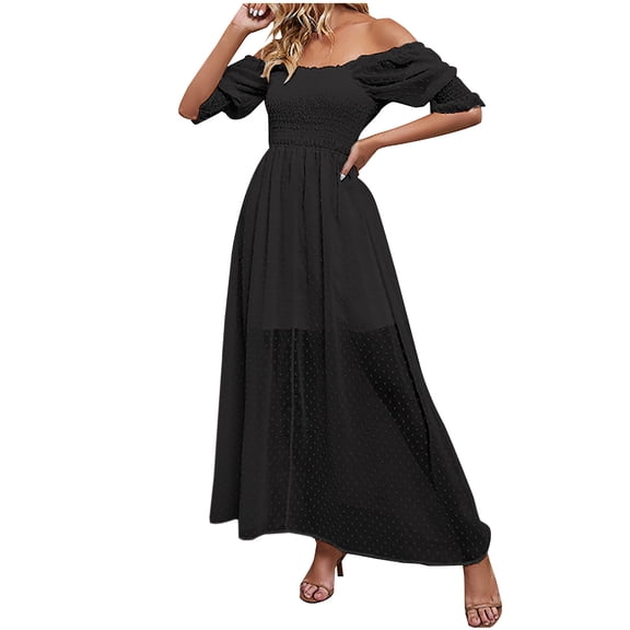 fartey Women Off the Shoulder Dresses Chiffon Swiss Dot Smocked Tiered Maxi Sundress Tunic Fit Solid Color Puff Short Sleeve Dress