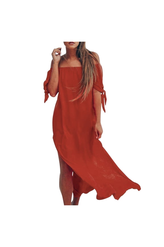 Women Off the Shoulder Dresses Loose Short Sleeve Solid Color Maxi Dress Casual Side Split Hem Bow Tie Beach Sundresses