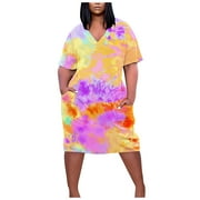 fartey Women Plus Size Sundresses 2023 Trendy Baggy Tie Dye Print Pockets Mini Dresses Lounge V Neck Short Sleeve Vacation Dress, L-5XL