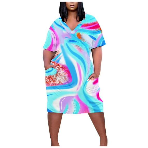 fartey Women Plus Size Sundresses 2024 Trendy Baggy Tie Dye Print Pockets Mini Dresses Lounge V Neck Short Sleeve Vacation Dress, L-5XL