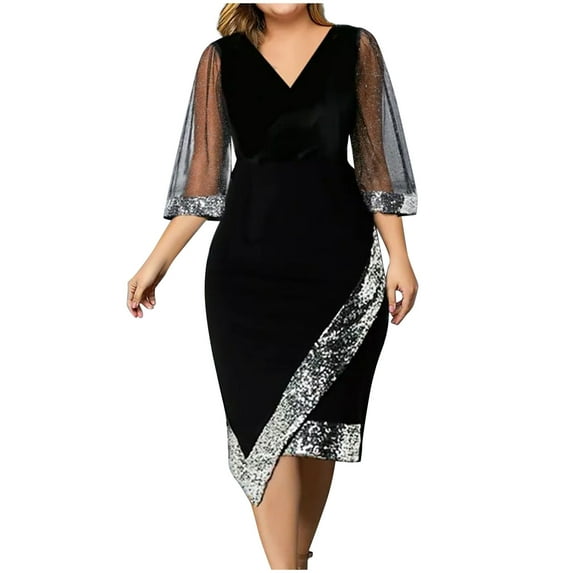 fartey Women Plus Size Velvet Evening Dresses Sparkly Sequins Trim Asymmetrical Hem Bodycon Dress Tunic Fit Mesh Half Sleeve Mini Dress Trendy Cocktail Party Midi Dresses, S-5XL