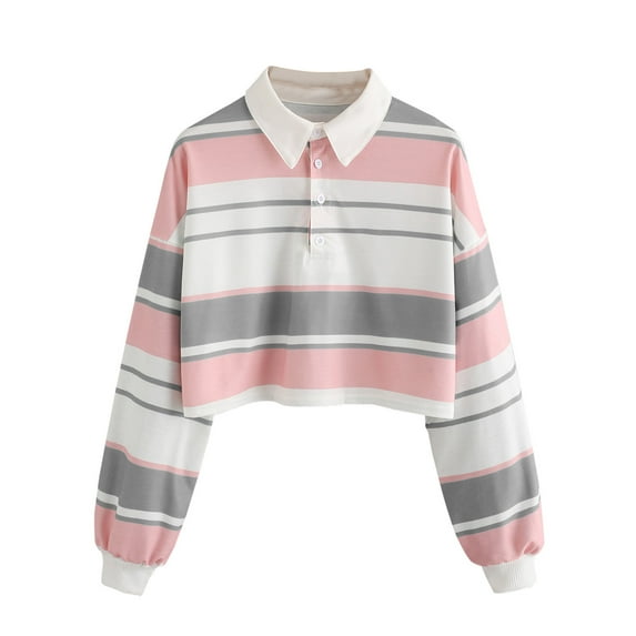 fartey Women Teen Girls Fashion Turn-Down Collar Crop Top Sweatshirt Long Sleeve Rainbow Striped Color Block Pullover Shirts