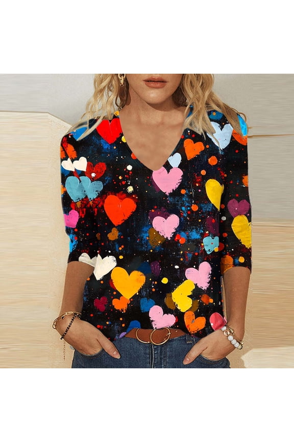 Women 3/4 Sleeve Blouses Plus Size Valentine Day T Shirt Funny Love Heart Graphic Print Tops Loose Casual V Neck Tee Shirts Black S-3XL