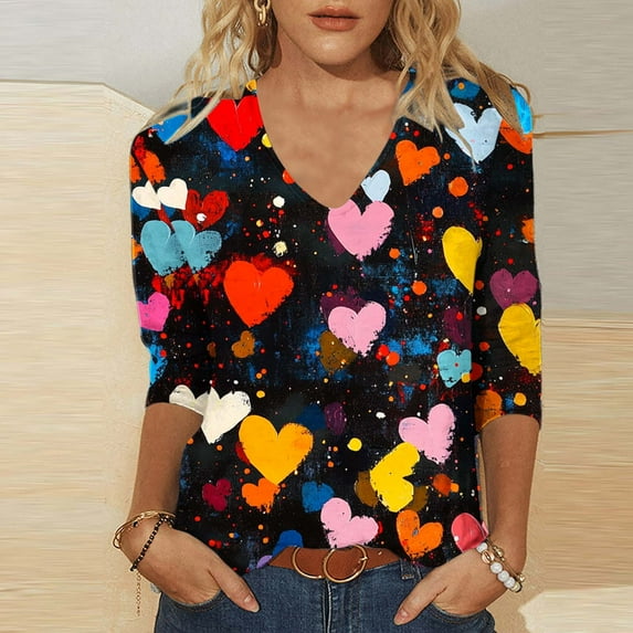 fartey Women Valentine's Day Pink Blouse Plus Size 3/4 Sleeve Top Cute Romantic Love Heart Graphic Print T-Shirt Casual V Neck Funny Valentine Gifts Tee Tops, S-5XL