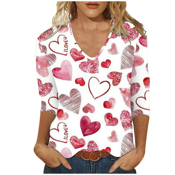 fartey Women's 3/4 Length Sleeve Tops Plus Size Valentine Day T-Shirts Cute Funny Love Heart Print Pullover Shirts Casual V Neck Lightweight Soft Gifts Tshirts Tee, S-5XL