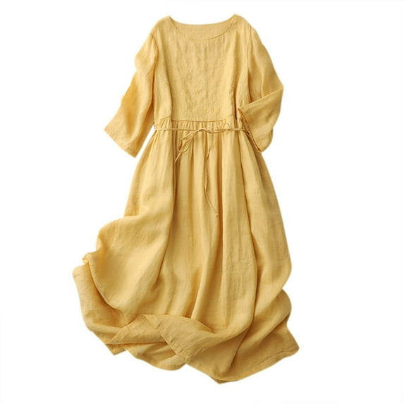 fartey Women's Casual Sundress with Waist Tie Half Sleeve Crew Neck Vacation Dress Tunic Pleated Solid Color Maxi Dresses