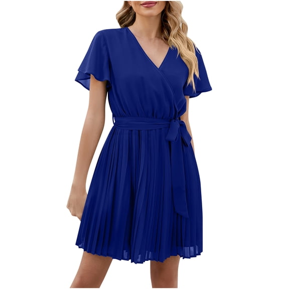 fartey Women's Chiffon Sundresses Pleated Solid Color V Neck Tunic Mini Dress Waist Tie Ruffle Short Sleeve Vacation Dresses